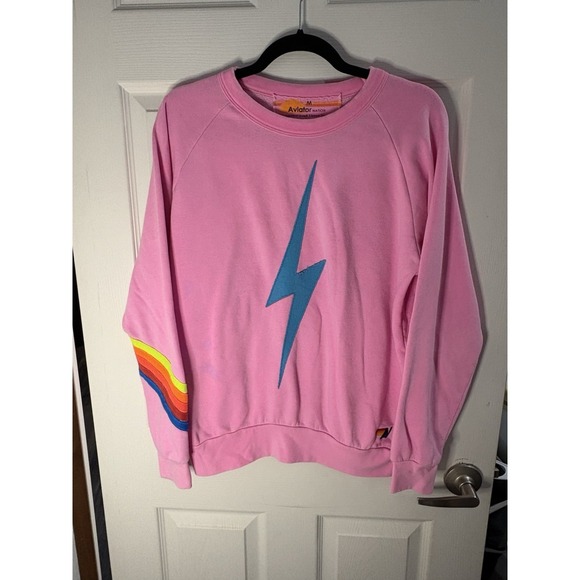 Aviator Nation Tops - Aviator Nation Bolt Chevron Stripe Sweatshirt Crewneck USA Womens Med Pink SPOTS
